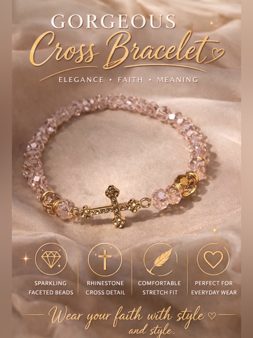 Gorgeous Cross Bracelet with Pink Crystal Acrylic Beads